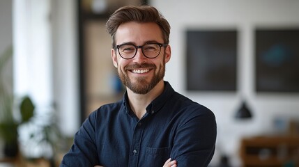 Fototapeta premium Studio headshot of a professional employee, standing confidently with a clean background