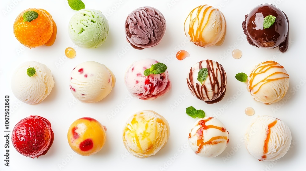 Aufkleber a colorful display of assorted ice cream scoops arranged neatly on a white plate, showcasing differe