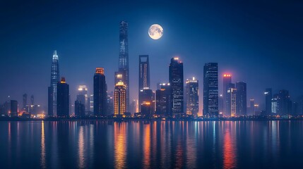 A full moon hangs above the city skyline with lit-up buildings reflecting in the water below.