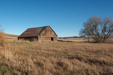 Obraz premium Surreal low-angle perspective of a rural barn, scientists discovering strange flora along the undulating landscape