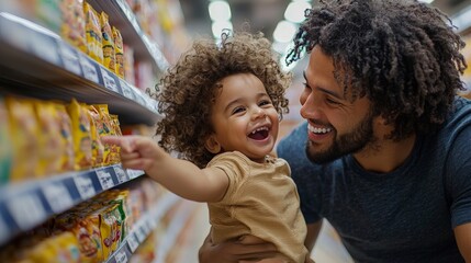 A father and his child in the supermarket, with the dad checking a shopping list while the child excitedly points at cereal boxes, showing the fun and engaging nature of modern fatherhood