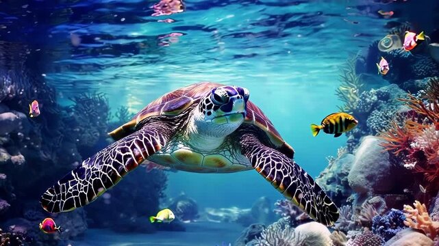 Sea turtle is swimming gracefully through a coral reef with colorful fish and falling snowflakes, evoking a sense of tranquility and the magic of the holiday season