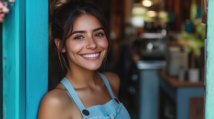 Latin American waitress happily opening the coffee shop doors, greeting customers with a smile