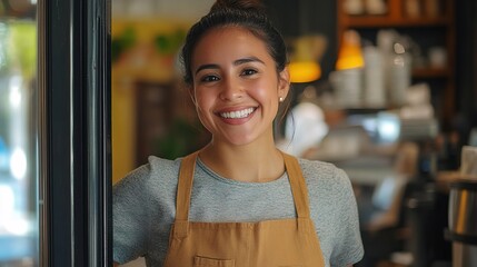 Latin American waitress happily opening the coffee shop doors, greeting customers with a smile