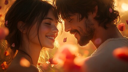 A young couple in love, embracing with a joyful smile, surrounded by falling petals in a warm sunset.