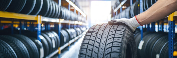 A man is holding a tire in a warehouse. The tire is on a shelf. There are many tires on the shelves