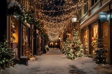 Fototapeta premium Beautifully decorated alley with holiday lights and Christmas trees in winter evening. Generative AI