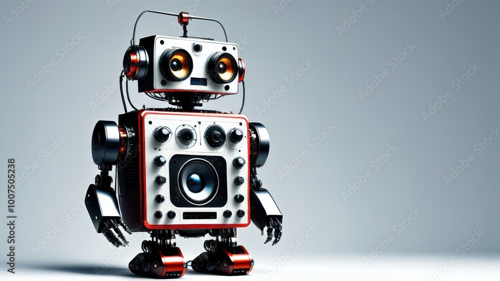 Poster a whimsical robot with large eyes and a speaker, designed for playful interaction.