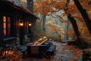 A rustic cabin with a table set for a dinner party