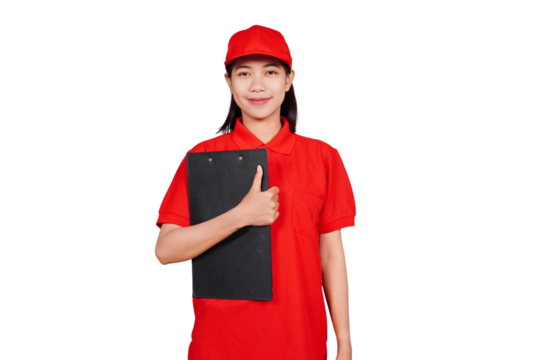 Delivery woman holding a clipboard isolated transparent