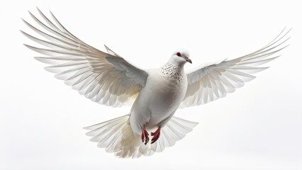 A white dove in flight, showcasing its wings against a light background.