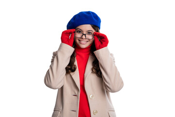 Stylish in eyeglasses. Fashion style for autumn. Teen girl look in eyeglasses. Autumn fashion style. Stylish girl in glasses. Fall trend. Eyewear for teen student isolated white. Prescription glasses