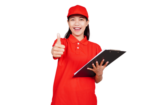 Delivery woman holding a clipboard isolated transparent