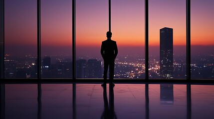 Businessman standing in an empty office at dusk, deep in thought, staring at city lights