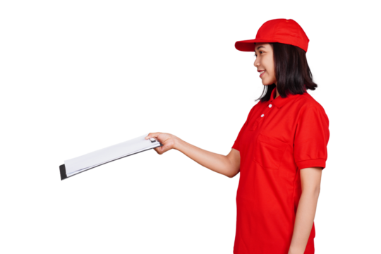 Delivery woman holding a clipboard isolated transparent