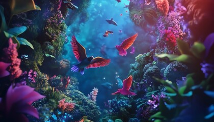 Fantasy underwater coral reef with birds