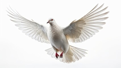 Obraz premium A white dove in mid-flight, showcasing its wings against a bright background.
