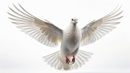 Obraz premium A white dove in mid-flight with outstretched wings against a light background.