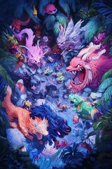Fantasy creatures battle in a lush jungle