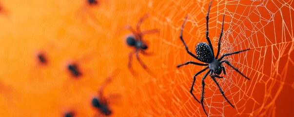 Close-up of a spider weaving its intricate web on an orange background, showcasing nature's artistry.