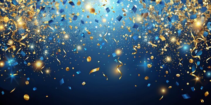 Blue and Gold Confetti Falling with Glowing Lights, celebration, party