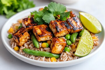Fototapeta premium A vegetarian stir-fried rice with tofu, green beans, and baby corn, garnished with lime wedges and fresh cilantro, served on a white plate.