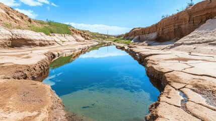 Tranquil Desert Stream Flowing Through Rugged Sandstone Canyon Landscape