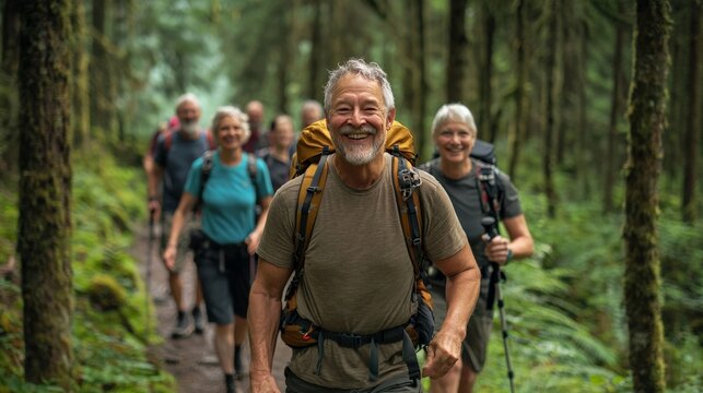 A group of diverse seniors hiking along a scenic forest trail, walking with confidence and joy as they embrace the outdoors, showing their active and adventurous approach to retirement