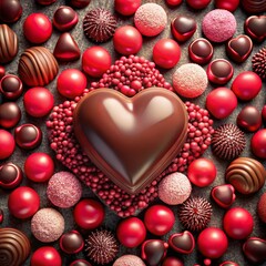 Obraz premium Chocolate Heart Surrounded by Red Candies, Valentine's Day , Valentine's gift
