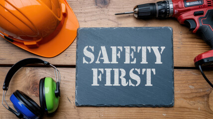 A safety sign that says safety first. It is on a black board. There is a hammer and a drill on the table