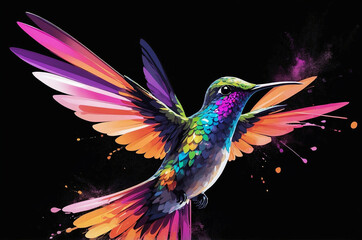 Obraz premium Colorful Hummingbird in Mid-Flight with Dynamic Paint Splashes on Black Background