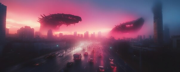 Long shot of a futuristic city overtaken by mythical creatures, drone perspective, twilight sky, vibrant colors, ethereal atmosphere, urban exploration
