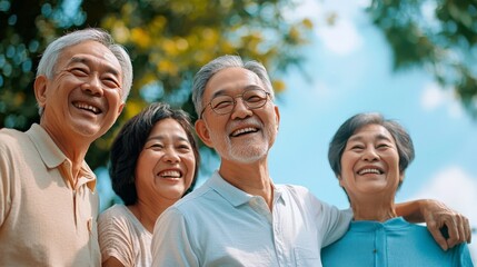 A group of happy Asian seniors walking together in a park, enjoying a leisurely stroll under a bright, sunny sky