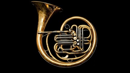 A visually engaging flashcard for the French horn, prominently featuring its name at the top in bold, elegant typography. In the center, an artistic image of the French horn captures its distinctive 
