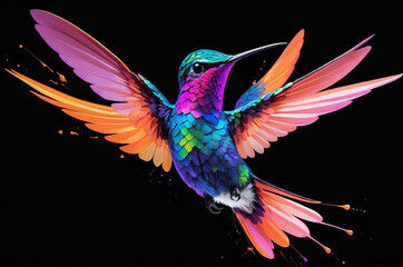 Obraz premium Colorful Hummingbird in Mid-Flight with Dynamic Paint Splashes on Black Background