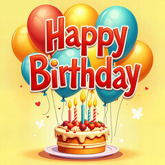 Holiday card. Colorful and cheerful birthday greeting, featuring a cake with candles and balloons.
