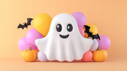 Obraz premium A friendly ghost surrounded by colorful balloons and pumpkins. A perfect Halloween decoration!
