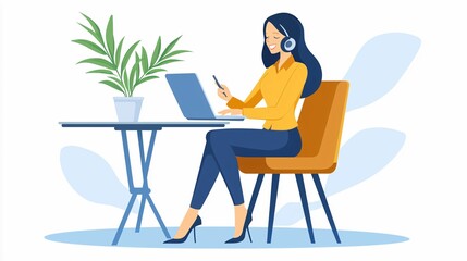 A woman with headphones sits at a desk working on a laptop, surrounded by a potted plant, set against a light backdrop.