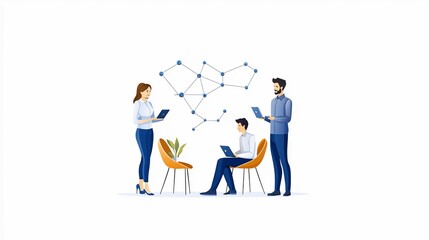 Three professionals interact with digital devices, illustrating collaboration and connectivity in a modern workspace.
