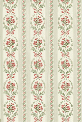  floral wreath pattern with pink bows and green leaves on a textured striped background.