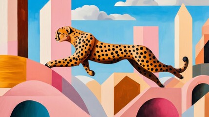 Illustrate an Agile Business scene with a sleek, metallic cheetah racing through a futuristic cityscape in oil paint