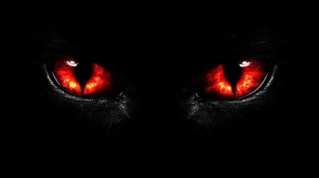 Intense glowing red eyes emerging from darkness.