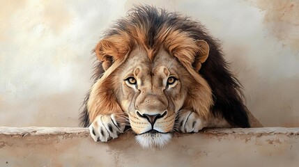 Majestic lion resting with a contemplative gaze, showcasing its magnificent mane and powerful presence.
