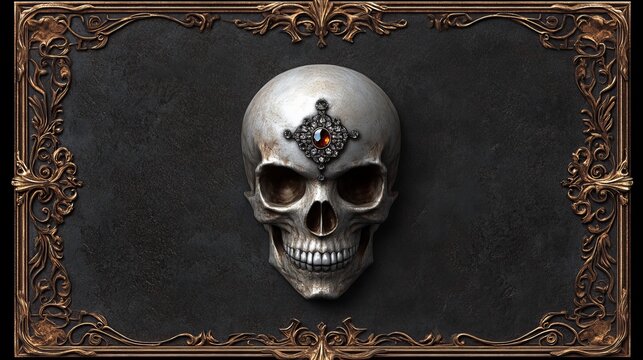 A human skull with a jeweled forehead sits in an ornate frame.