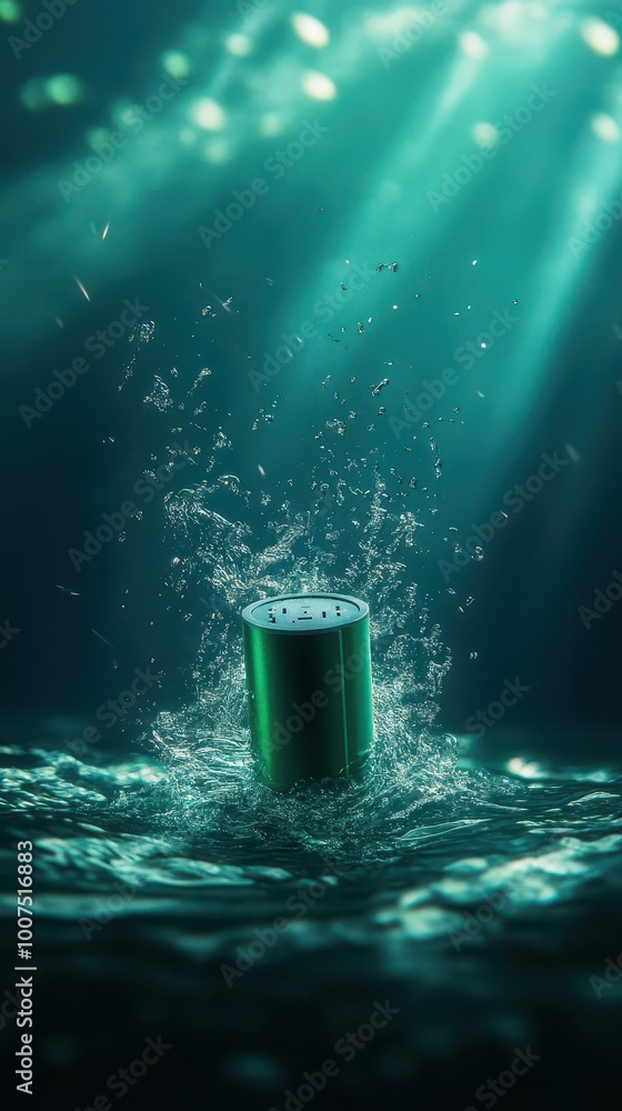 Poster a can splashes into the water, creating dynamic ripples and bubbles in a serene underwater setting.