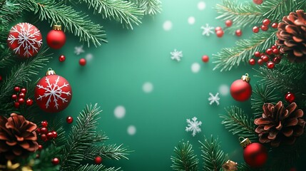 Festive Christmas Border with Pine Branches, Ornaments, and Pinecones