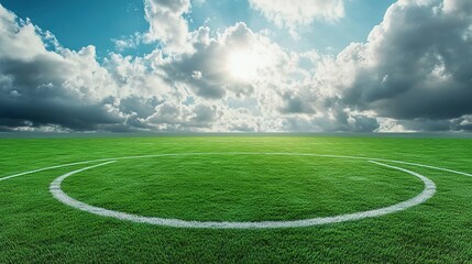 Obraz premium A 3D model of a soccer field with bright illumination, green grass, and a cloudy sky, offering copyspace for text or images