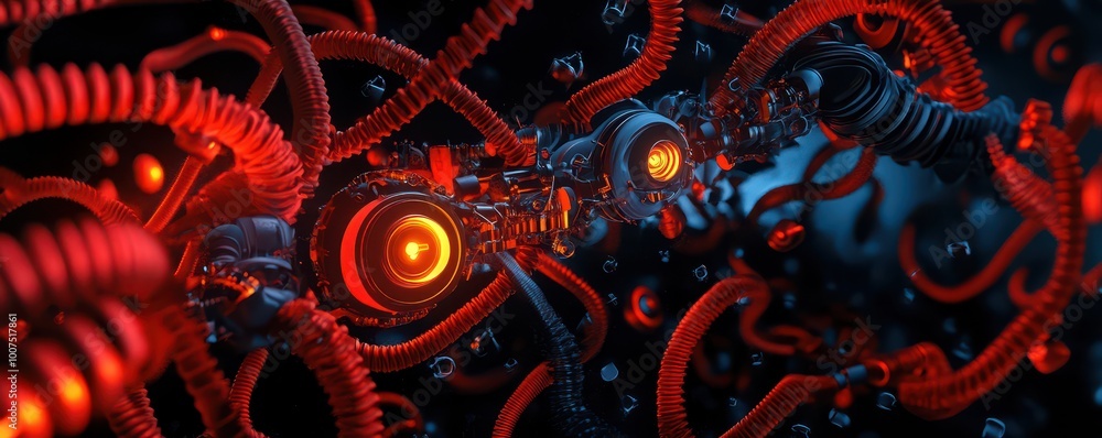 Poster futuristic abstract design featuring glowing red and blue elements in a complex network.