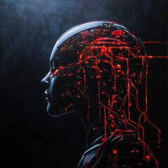 Futuristic robotic head silhouette with glowing neural circuitry details.
