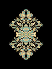 Ornamental golden laced vector floral composition, flourish vignette, on dark background